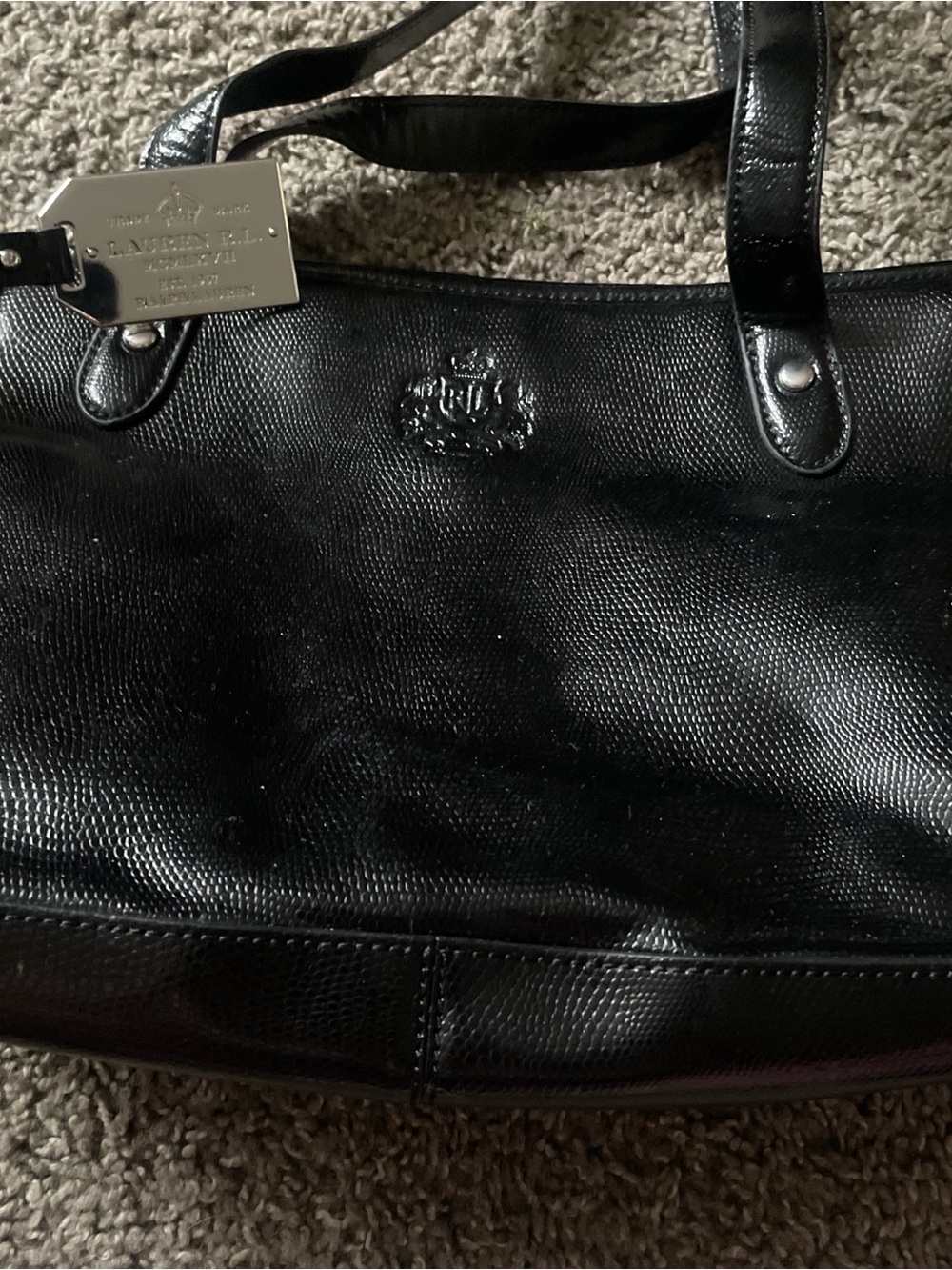 Ralph Lauren Black Textured Leather Tote with Chrome Plaque